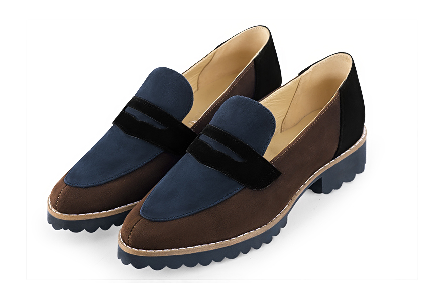 Dark brown, navy blue and matt black women's casual loafers. Round toe. Flat rubber soles. Front view - Florence KOOIJMAN